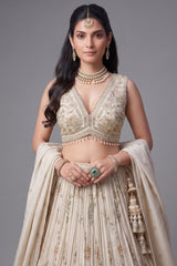 Cream Tissue Sequin and Floral Embroidery Work Pleated Lehenga - cream saree embroidery