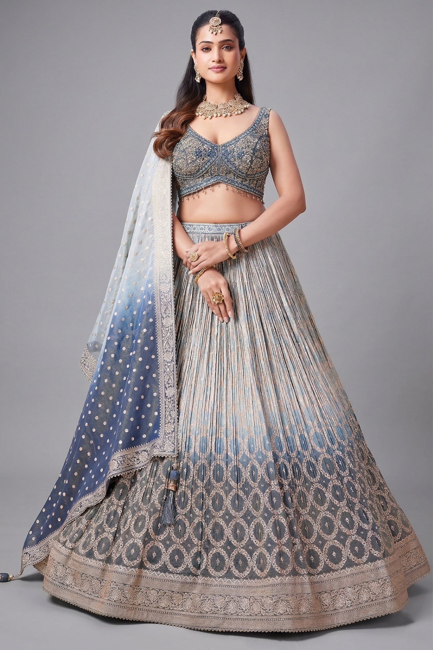 Blue Ombre Tissue Woven Lehenga - blue saree