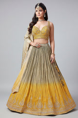 Olive Green and Yellow Ombre Chinon Sequin Embroidered Pleated Lehenga