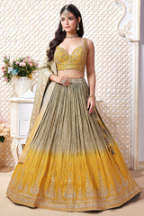 Olive Green and Yellow Ombre Chinon Sequin Embroidered Pleated Lehenga - red saree embroidered