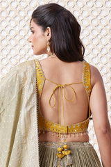 Olive Green and Yellow Ombre Chinon Sequin Embroidered Pleated Lehenga - red saree embroidered