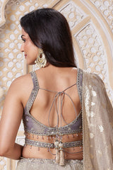 Taupe and Brown Tissue All Over Sequin Embroidered Lehenga with V Neck Crop Top