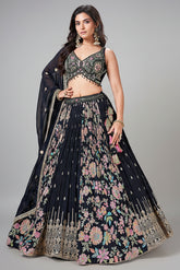 Black Georgette Chinon Floral Printed Flared Lehenga with Sequins Work