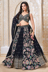Black Georgette Chinon Floral Printed Flared Lehenga with Sequins Work - red georgette saree
