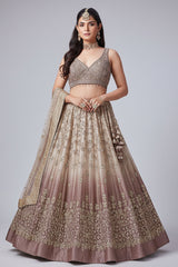 Beige and Mauve Tissue Pleated Woven Lehenga