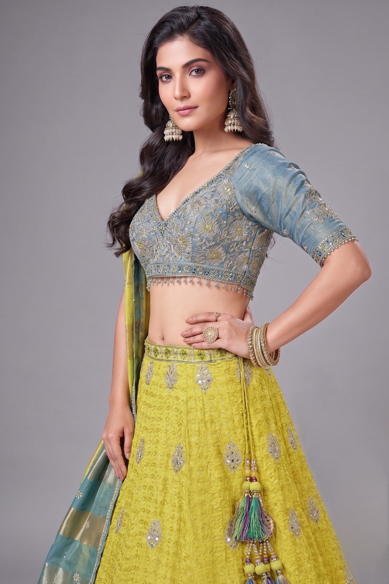 Yellow Banarasi Brocade Woven Lehenga with Sequin Work - yellow banarasi saree