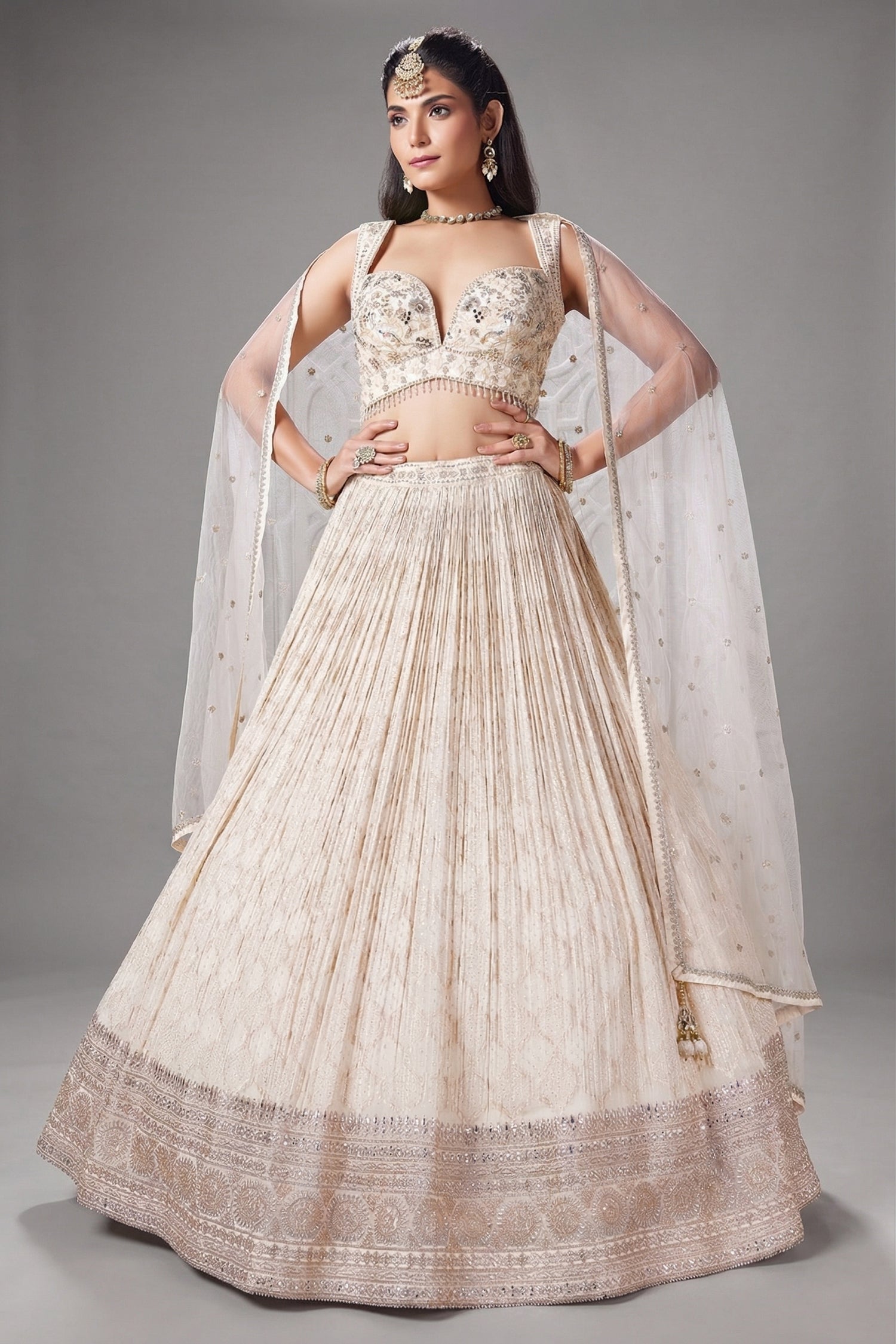 Ivory White Georgette Zari Woven Lehenga with Sequin Embroidery Work - white georgette saree embroidery