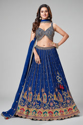 Blue Chinon Crepe Printed and Sequin Worked Lehenga