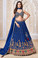 Blue Chinon Crepe Printed and Sequin Worked Lehenga - blue crepe saree