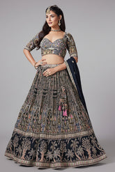 Black Chinon All Over Printed Flared Lehenga with Sequin Work