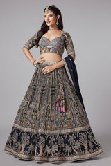 Black Chinon All Over Printed Flared Lehenga with Sequin Work