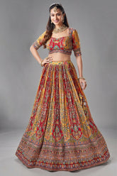 Yellow and Red Crepe Silk Printed Lehenga - red silk saree