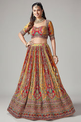 Yellow and Red Crepe Silk Printed Lehenga