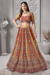 Yellow and Red Crepe Silk Printed Lehenga - red silk saree