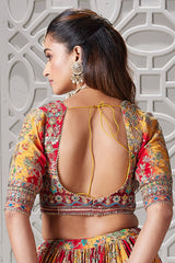 Yellow and Red Crepe Silk Printed Lehenga