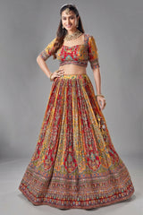 Yellow and Red Crepe Silk Printed Lehenga - red silk saree