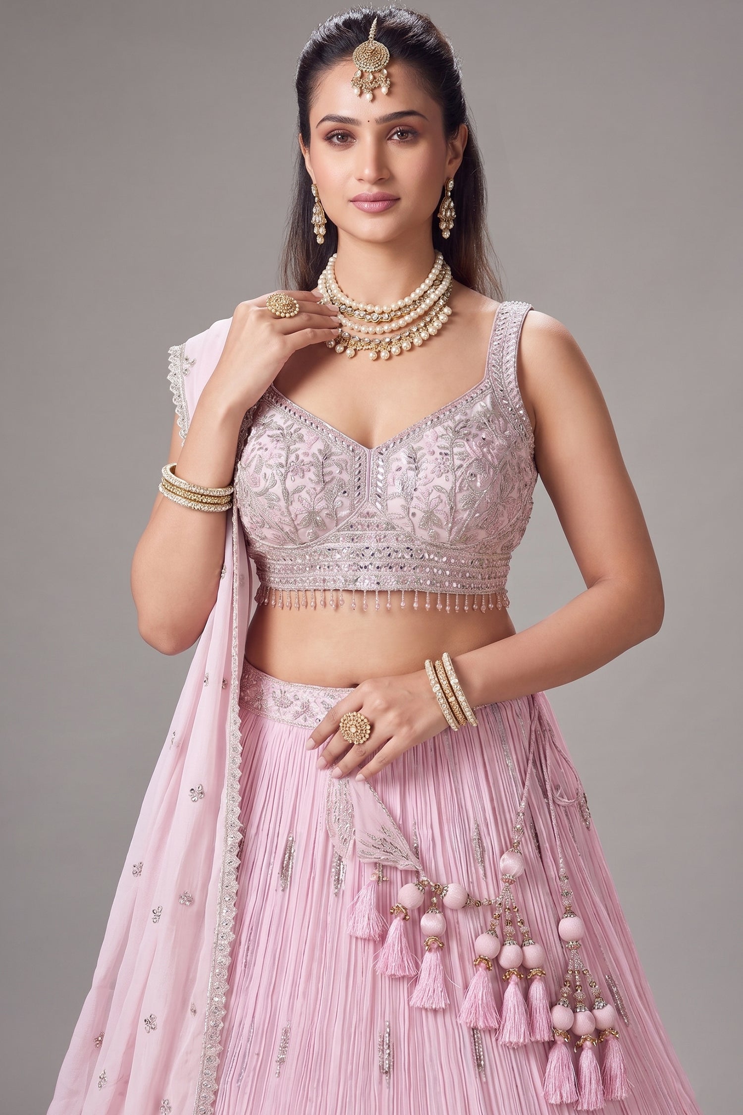 Light Pink Georgette Floral Embroidered and Sequin Worked Lehenga - red georgette saree embroidered