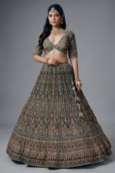 Green and Brown Crepe Silk Printed Lehenga with Sequin Work - green silk saree