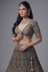 Green and Brown Crepe Silk Printed Lehenga with Sequin Work - green silk saree