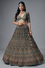 Green and Brown Crepe Silk Printed Lehenga with Sequin Work - green silk saree