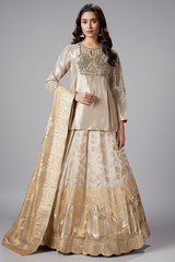 Cream and Golden Ombre Organza Floral Zari Woven Lehenga with Long Zardosi Worked Top - gold organza saree zari