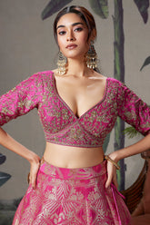 Pink Banarasi Brocade Silk Zari Weaving Lehenga - pink silk saree zari