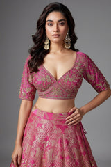 Pink Banarasi Brocade Silk Zari Weaving Lehenga