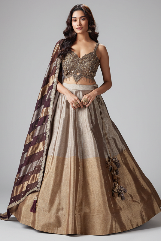 Silver and Golden Tissue Lehenga with Handwork Blouse - gold saree