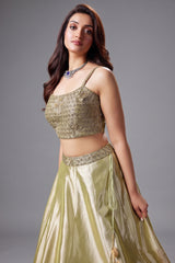 Light Pista Green Tissue Zari Woven Lehenga with Beaded Zardosi Worked Blouse - green saree zari