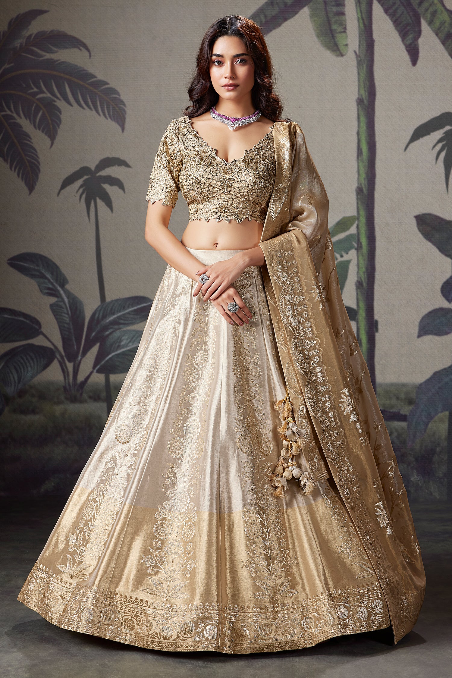 Silver and Golden Ombre Tissue Floral Zari Woven Lehenga - gold saree zari