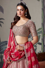 Pink and Peach Ombre Tissue Silk Zardosi Worked Lehenga