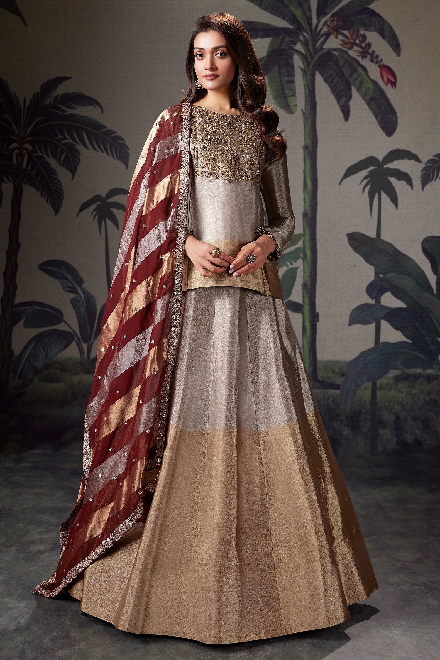 Silver and Golden Ombre Tissue Zardosi Worked Lehenga with Long Top - gold saree