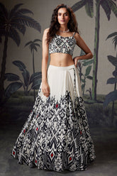 Ivory White Crepe Silk Printed Lehenga with Beaded and Cutdana Work Corset - white silk saree