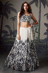 Ivory White Crepe Silk Printed Lehenga with Beaded and Cutdana Work Corset