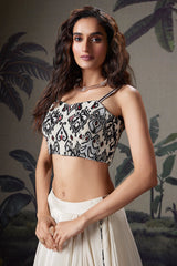 Ivory White Crepe Silk Printed Lehenga with Beaded and Cutdana Work Corset