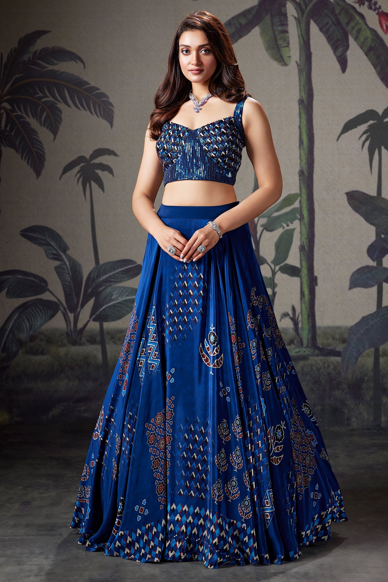 Blue Crepe Silk Printed Flared Lehenga with Sequin Cutdana Worked Corset - red silk saree