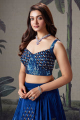Blue Crepe Silk Printed Flared Lehenga with Sequin Cutdana Worked Corset - red silk saree