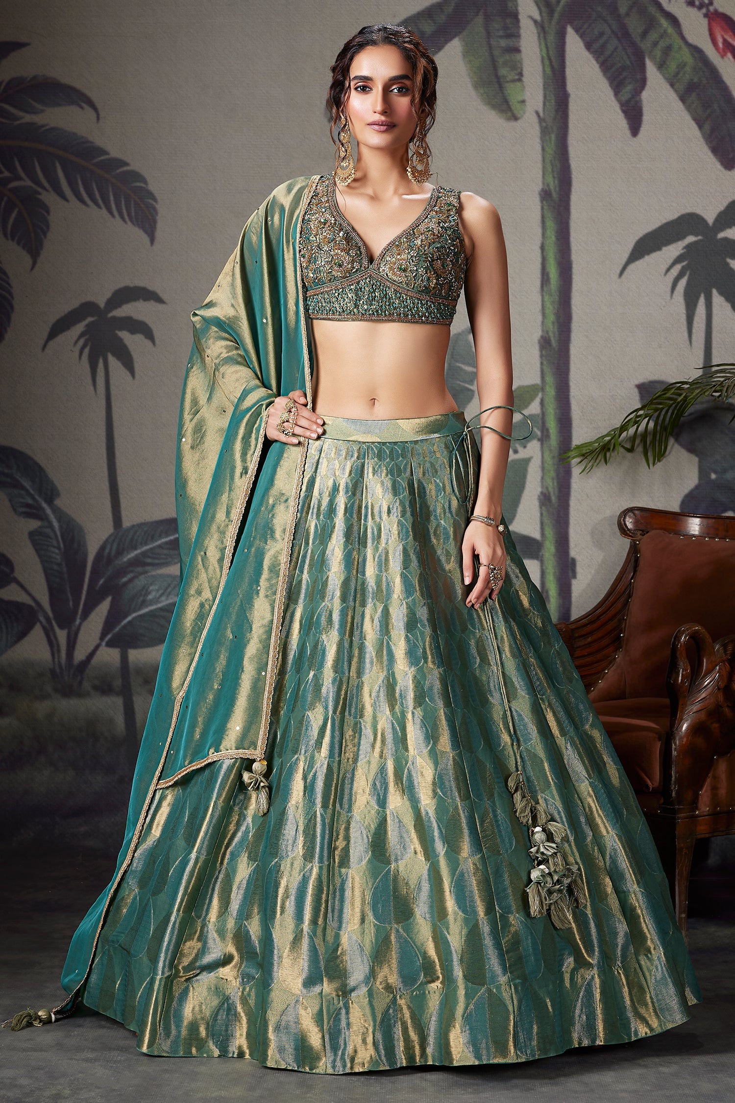 Teal Green and Golden Tissue Lehenga with Handworked Blouse - green saree