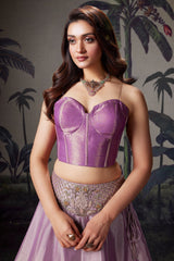 Lilac and Golden Tissue Lehenga with Handworked Waist Belt and Structured Corset Blouse