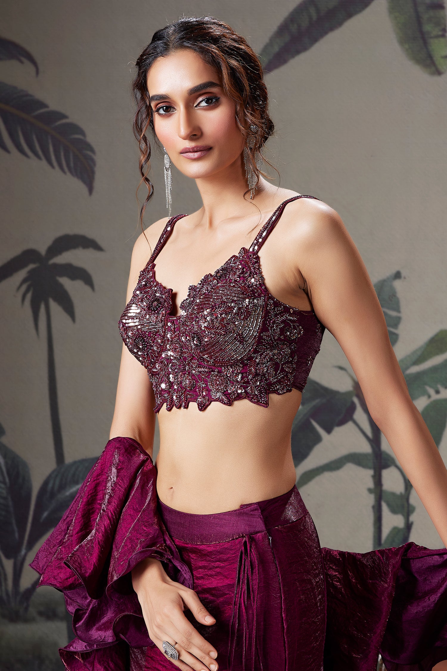 Plum Purple Crush Tissue Silk Mermaid Lehenga with Handworked Corset Blouse - purple silk saree