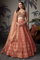 Coral Peach Tissue Zari Woven Lehenga with Handworked Blouse - peach saree zari