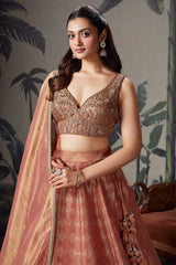 Coral Peach Tissue Zari Woven Lehenga with Handworked Blouse - peach saree zari