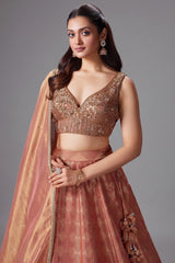 Coral Peach Tissue Zari Woven Lehenga with Handworked Blouse - peach saree zari
