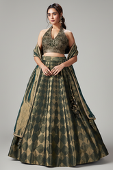 Dark Green Tissue Zari Woven Lehenga with Handworked Halter Neck Blouse