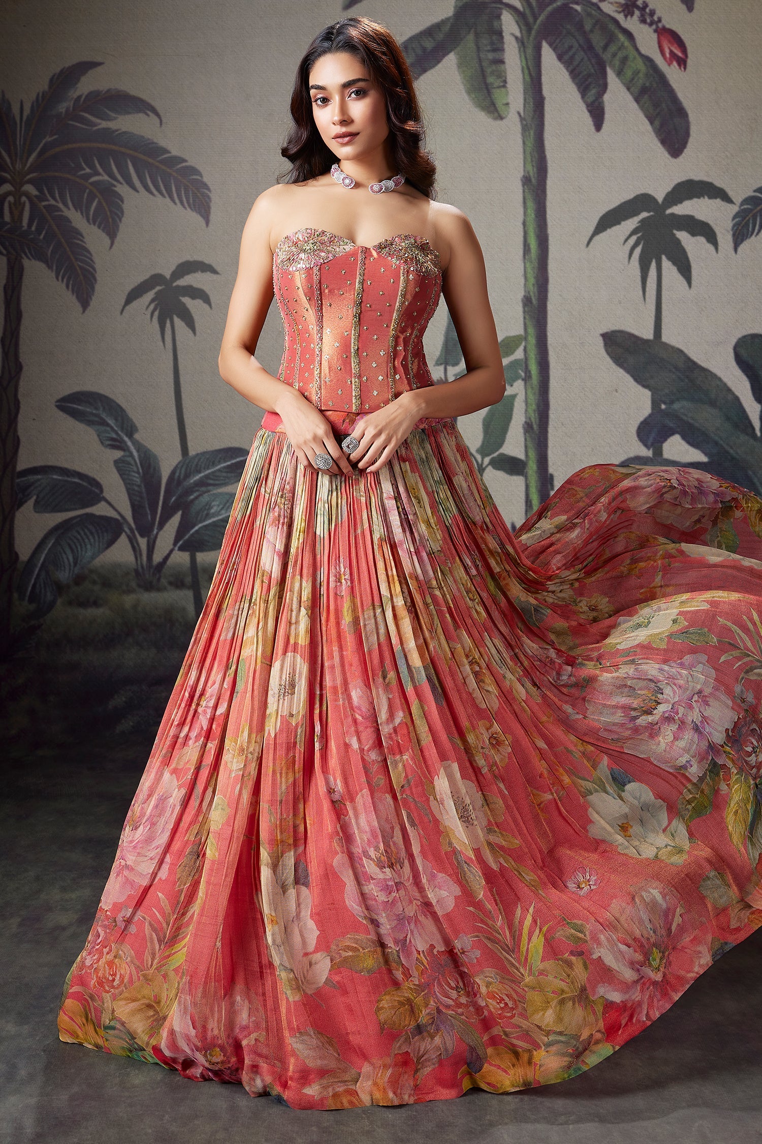 Coral Peach Georgette Floral Printed Flared Lehenga with Handworked Off Shoulder Corset Blouse - red georgette saree