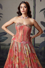 Coral Peach Georgette Floral Printed Flared Lehenga with Handworked Off Shoulder Corset Blouse