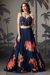 Dark Blue Crepe Silk Floral Printed Lehenga with Cutdana and Sequin Worked Corset - blue silk saree