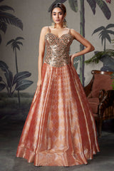 Coral Peach Tissue Silk Zari Woven Lehenga with Mirror Worked Corset Blouse - peach silk saree zari