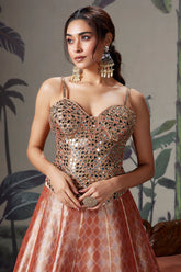 Coral Peach Tissue Silk Zari Woven Lehenga with Mirror Worked Corset Blouse - peach silk saree zari