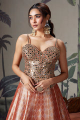 Coral Peach Tissue Silk Zari Woven Lehenga with Mirror Worked Corset Blouse - peach silk saree zari